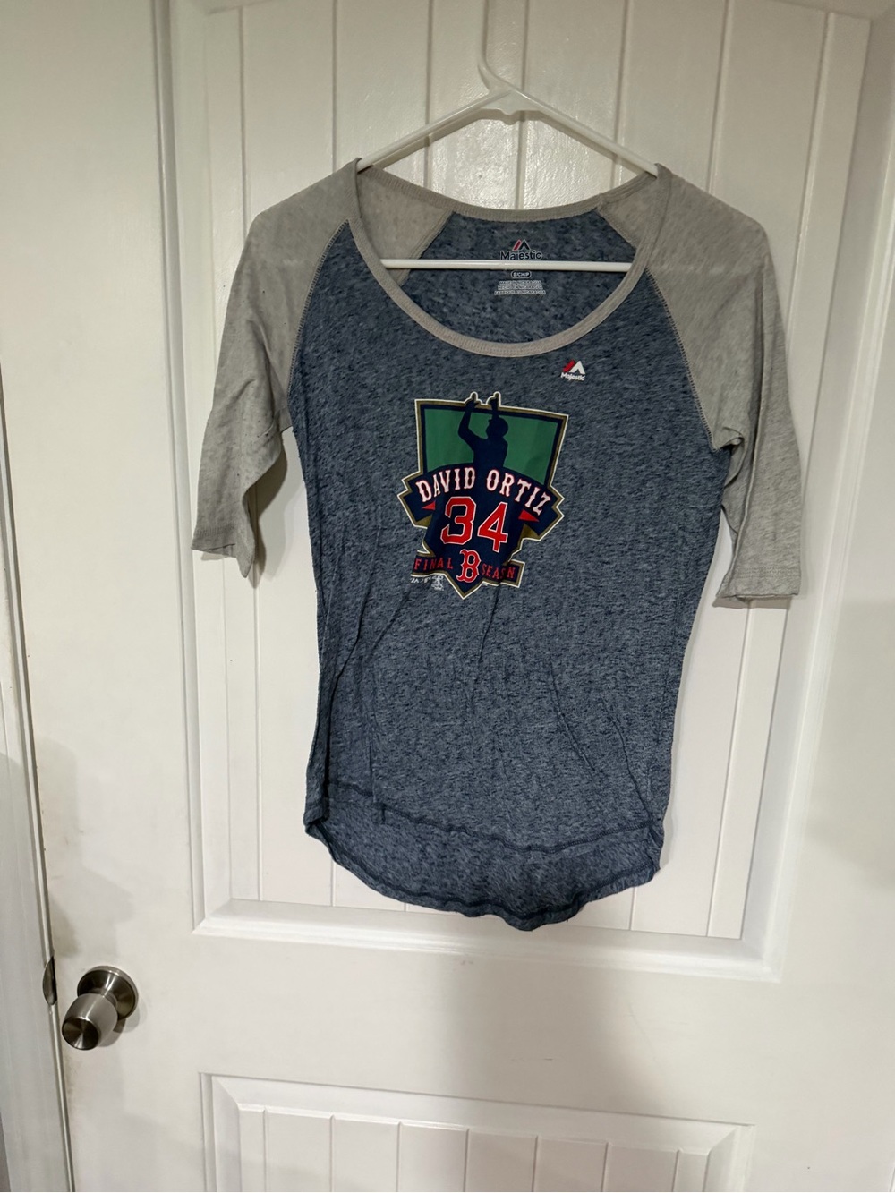 Majestic ladies Raglan Tee David Ortiz #34 in Blue and Gray